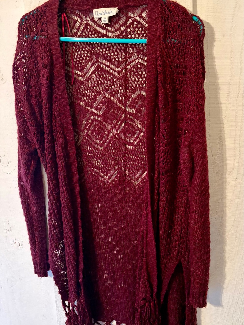 Cloud Chaser Open-Front Burgundy Crochet Fringe Cardigan